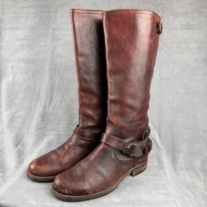 Frye 9.5B Leather Harness Tall Riding Motorcycle Boots Brown‎ Distressed